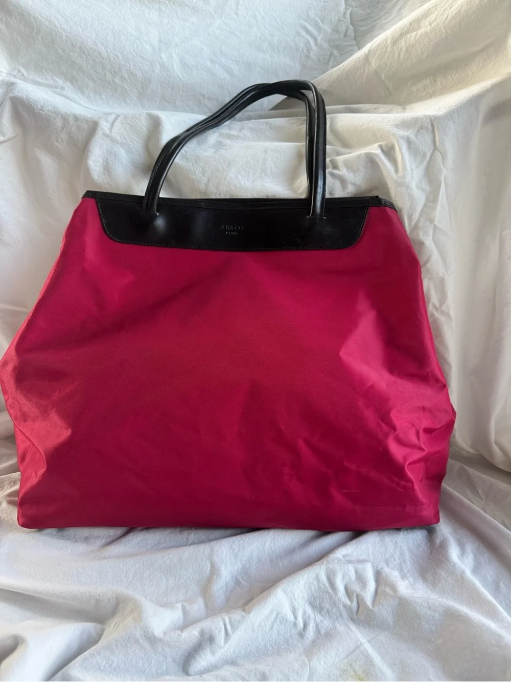 ABACO Paris Large Red Nylon & Black Leather Tote Shoulder Bag